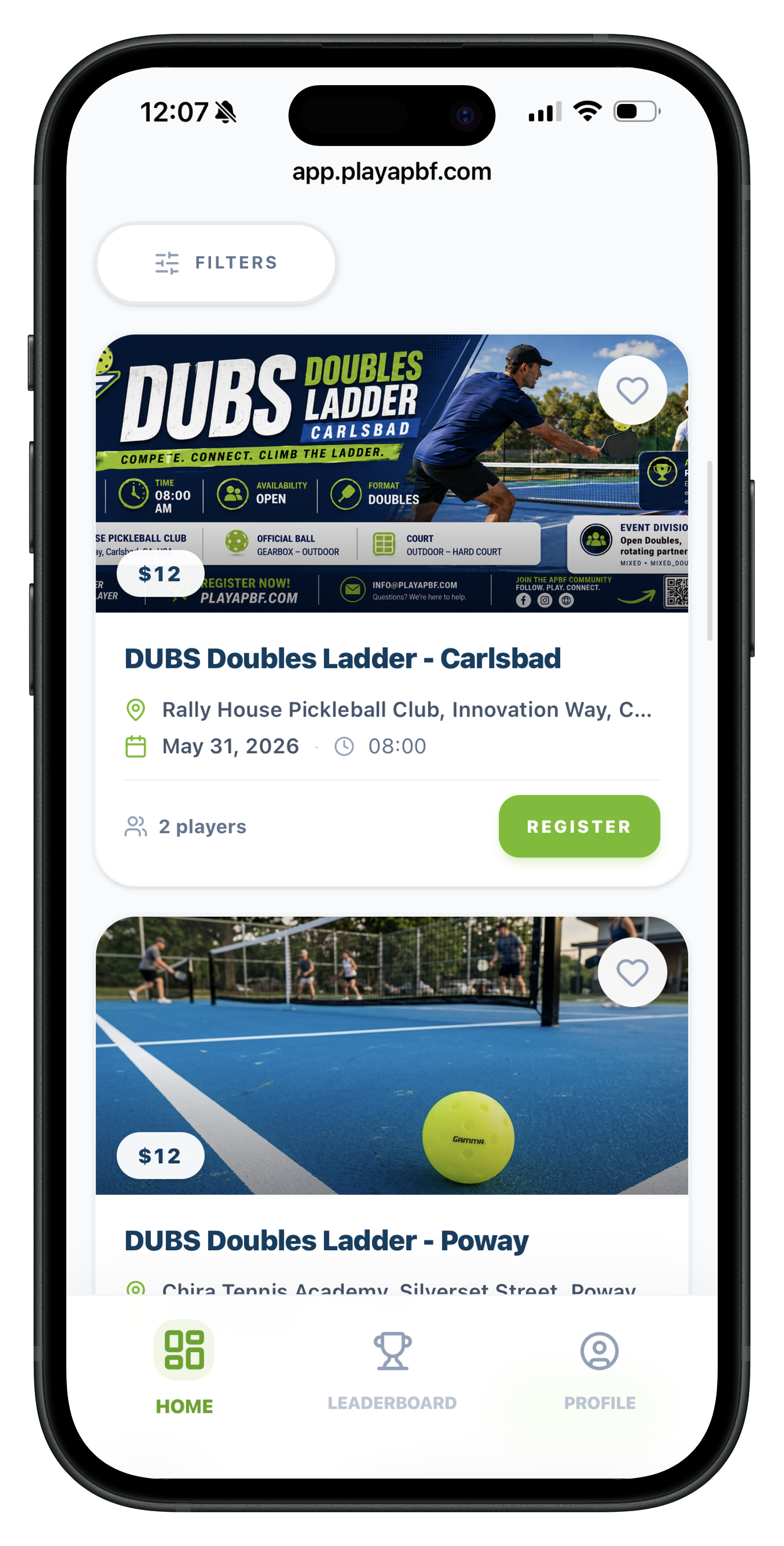 APBF mobile app showing pickleball tournament events with date, location, format and a register button